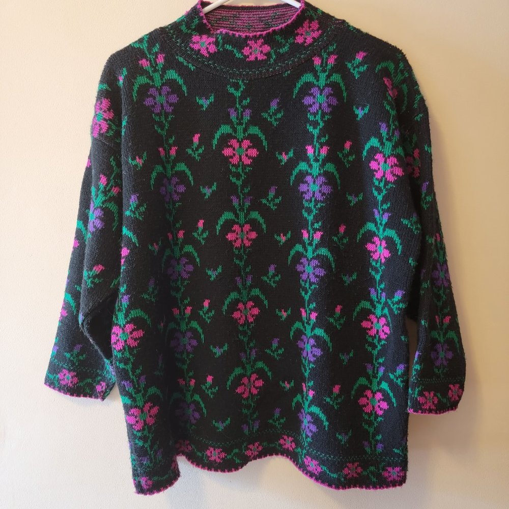 Vintage 1980s Justin Allen Floral Oversized Black/Pink/Purple Mock Neck Sweater